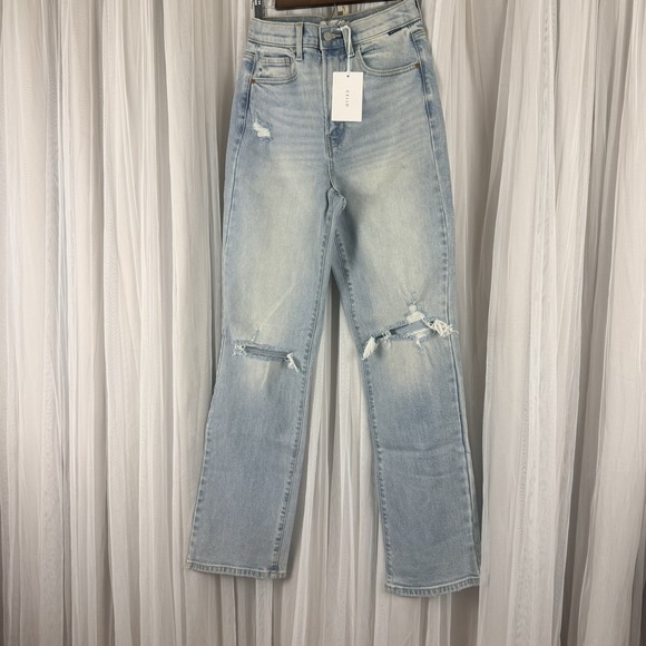 Cello Denim - Cello Super High Rise Straight Leg Distressed Light Wash Jeans Size 3
